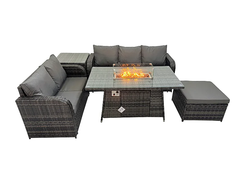 Polyrattan Gartenmöbelset Gasfeuerstelle Esstisch und Sofa set mit Beistelltisch 2 Großer Hockern