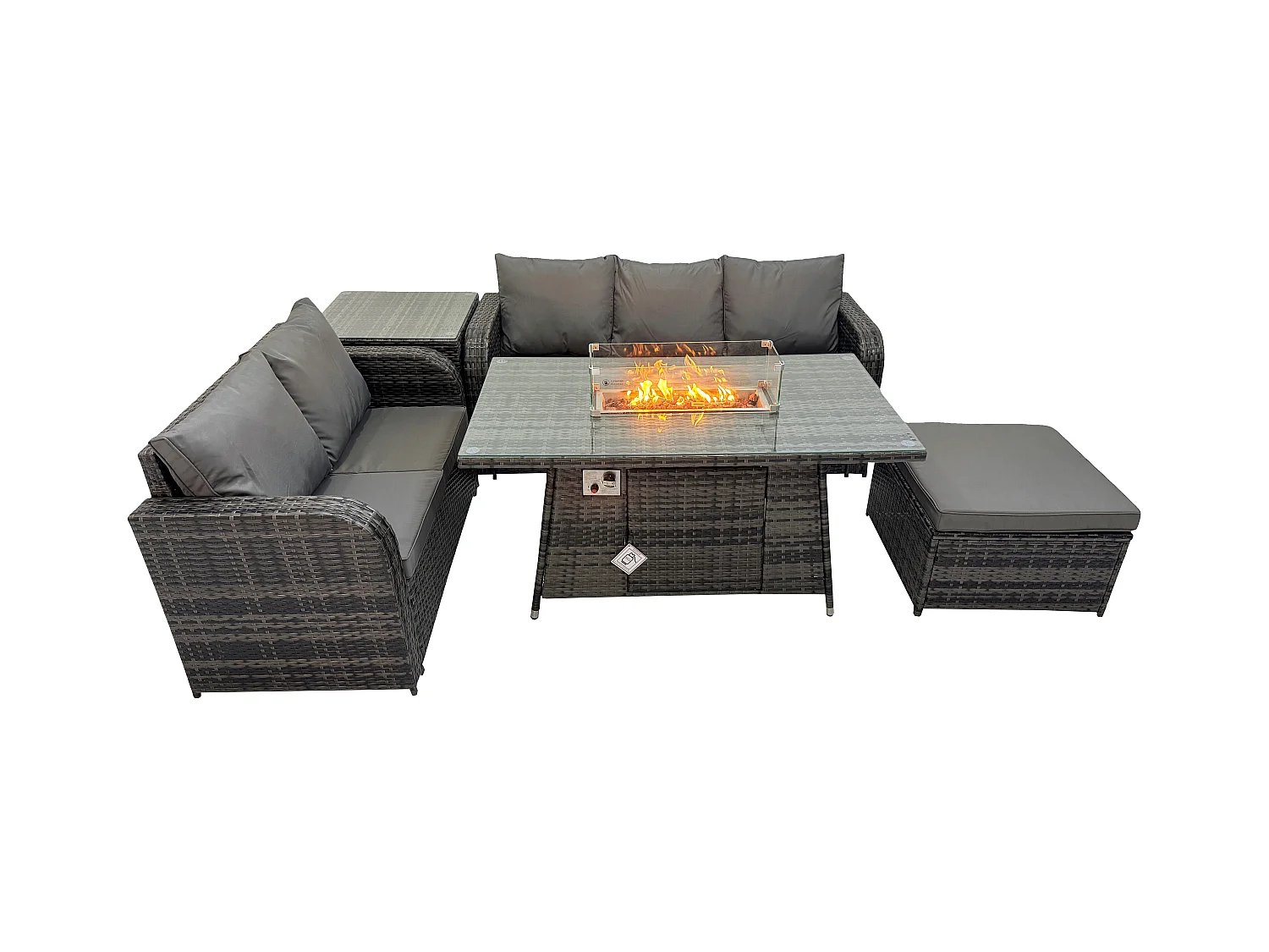 Polyrattan Gartenmöbelset Gasfeuerstelle Esstisch und Sofa set mit Beistelltisch 2 Großer Hockern