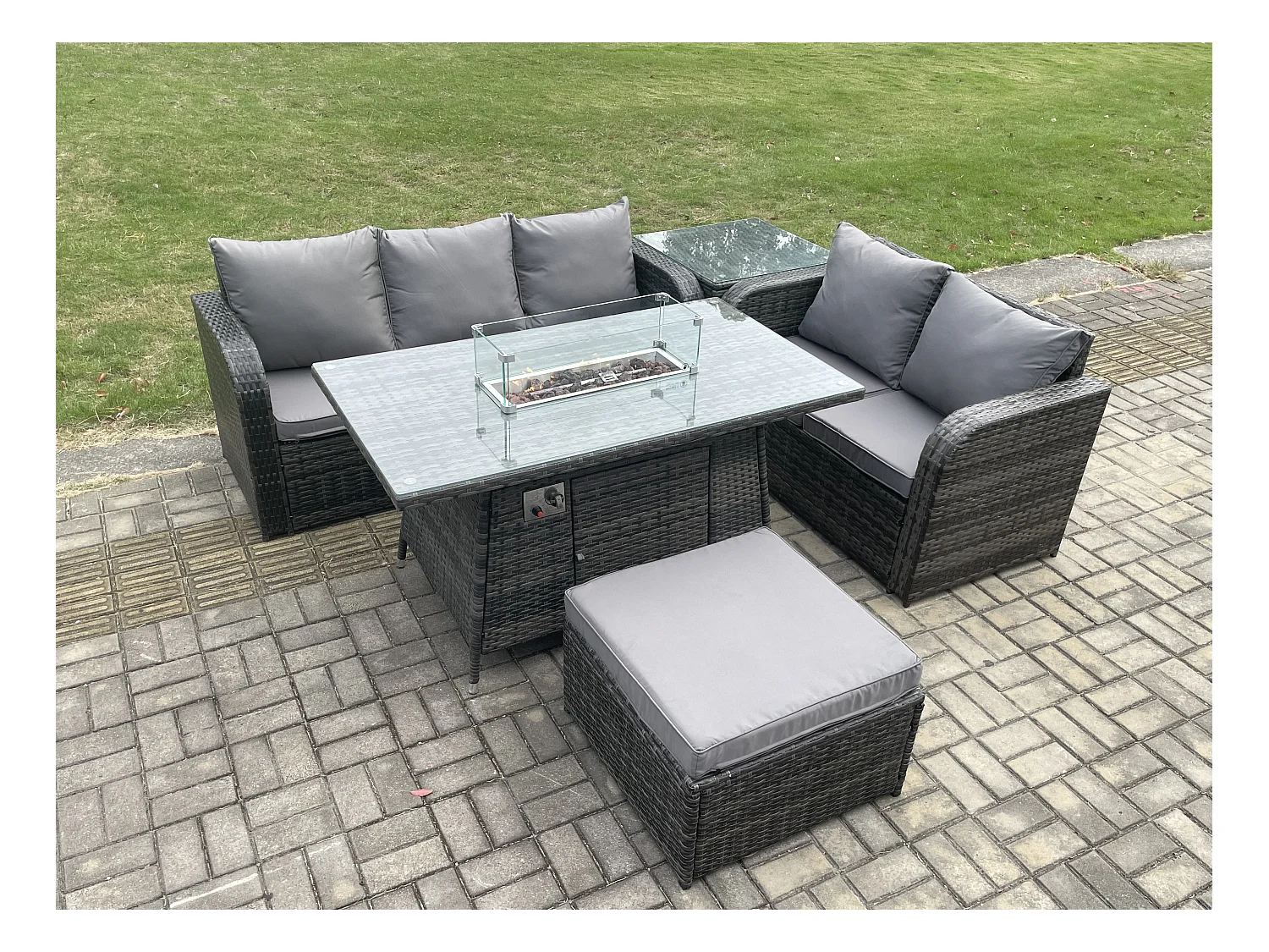 Polyrattan Gartenmöbelset Gasfeuerstelle Esstisch und Sofa set mit Beistelltisch 2 Großer Hockern