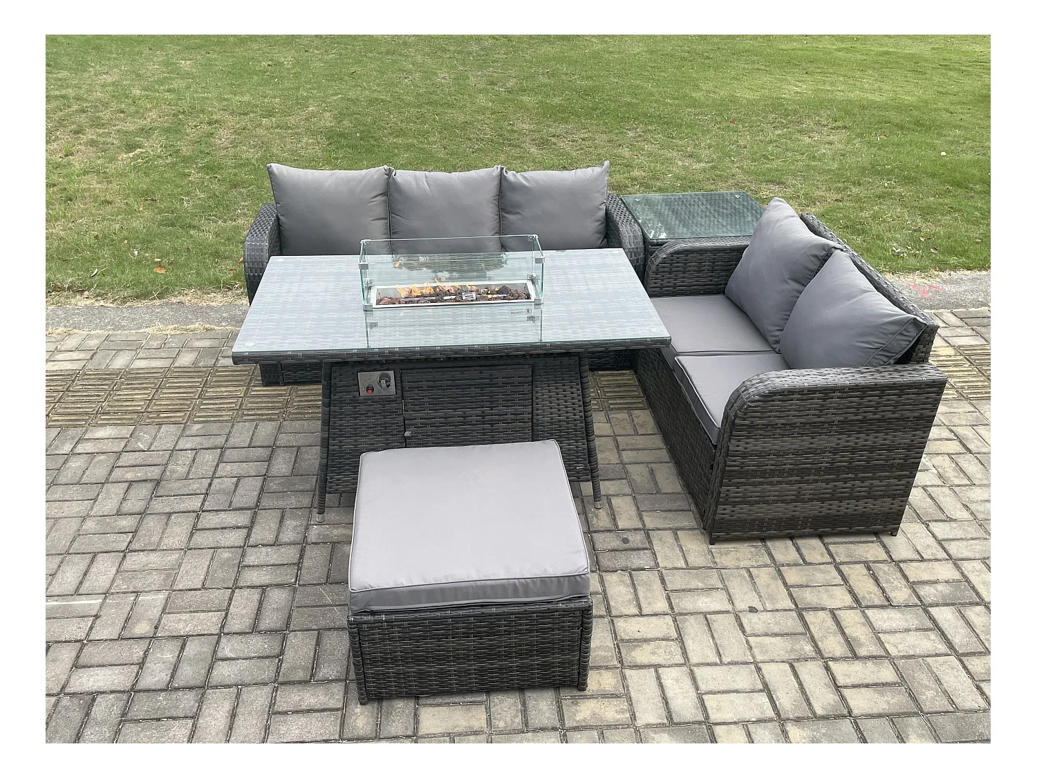 Polyrattan Gartenmöbelset Gasfeuerstelle Esstisch und Sofa set mit Beistelltisch 2 Großer Hockern