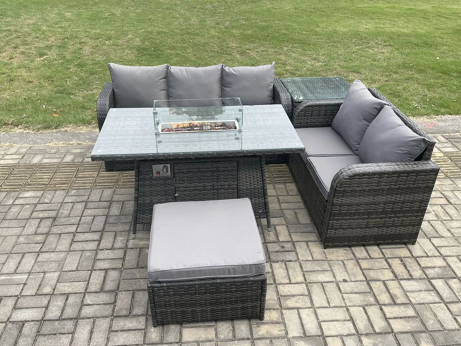 Salon de jardin exterieur Table de foyer à gaz et Canapé avec Table d'appoint Grand tabouret