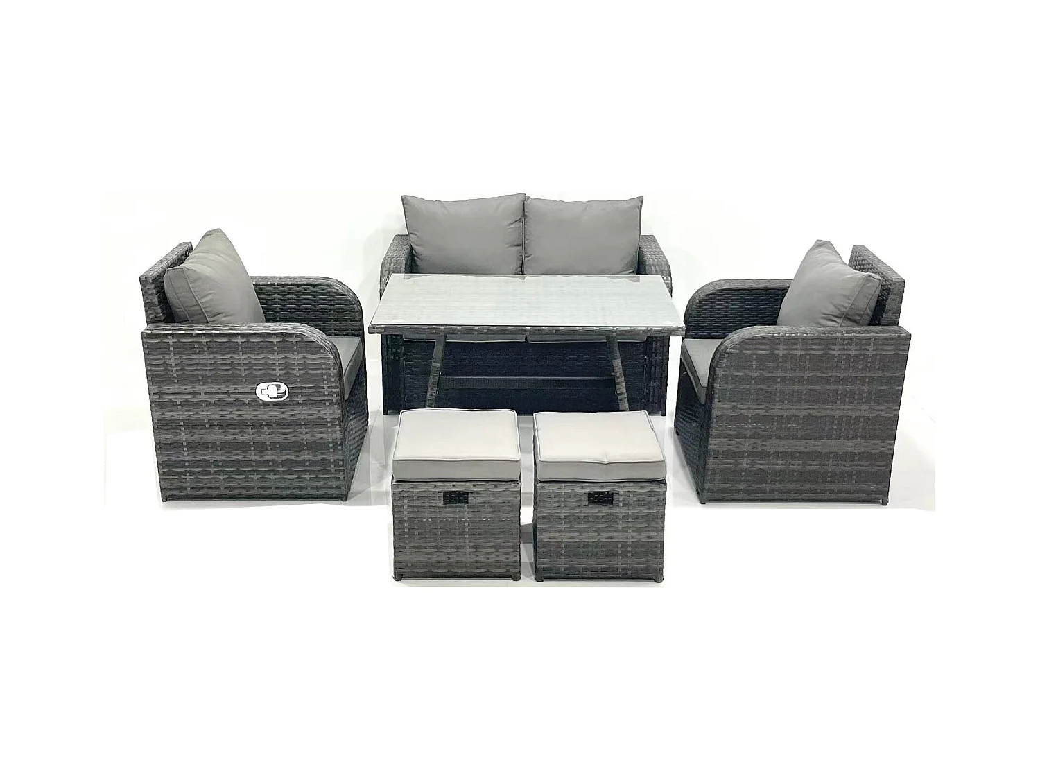 Gartenmöbel-Set Rattan Sofa Esstisch Set mit Liegestühle 2 kleinen Hockern Dunkelgrau Gemischt