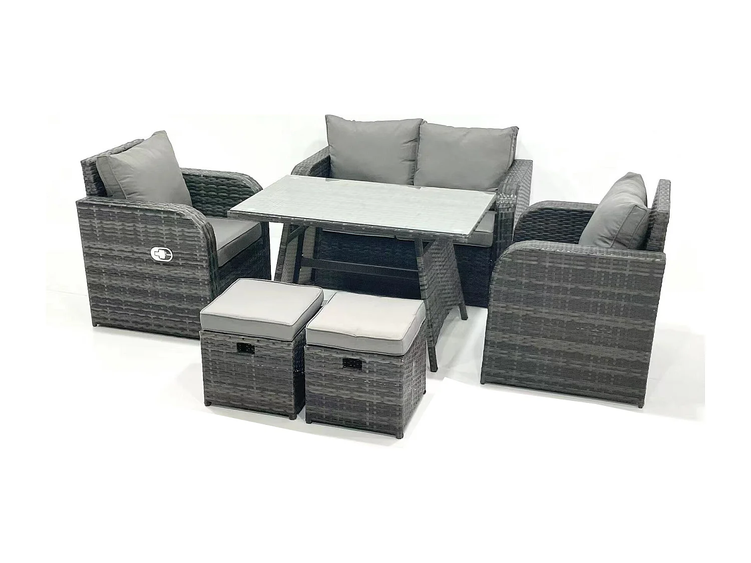 Gartenmöbel-Set Rattan Sofa Esstisch Set mit Liegestühle 2 kleinen Hockern Dunkelgrau Gemischt