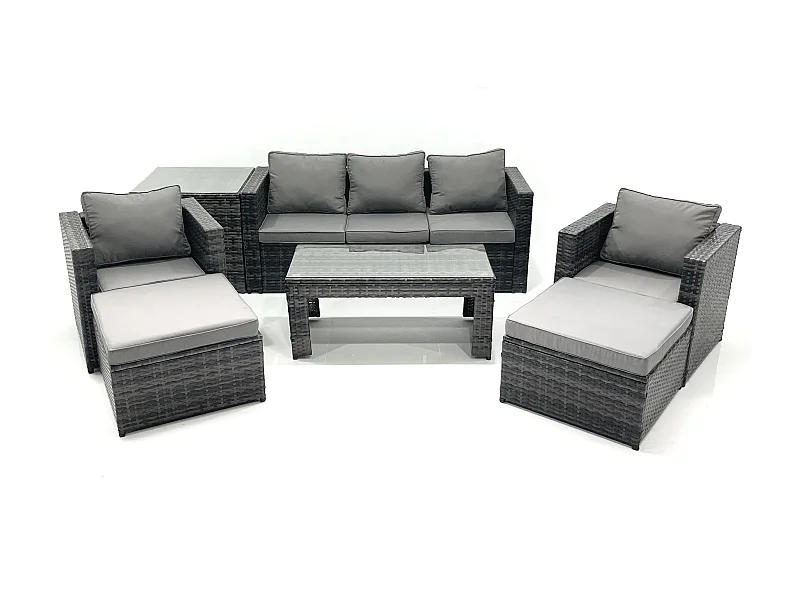 7 places Salon de jardin Ensemble de canapés en rotin avec Table basse 2 Fauteuil 2 Grand tabourets Table d'appoint Gris foncé mixte