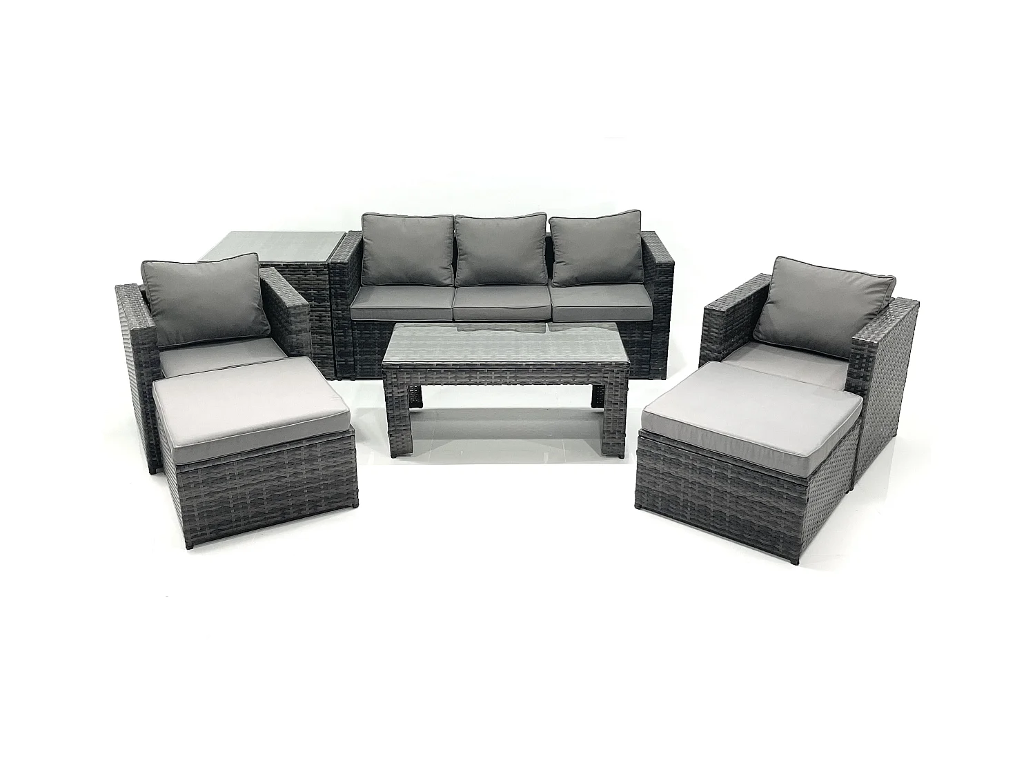 7 places Salon de jardin Ensemble de canapés en rotin avec Table basse 2 Fauteuil 2 Grand tabourets Table d'appoint Gris foncé mixte