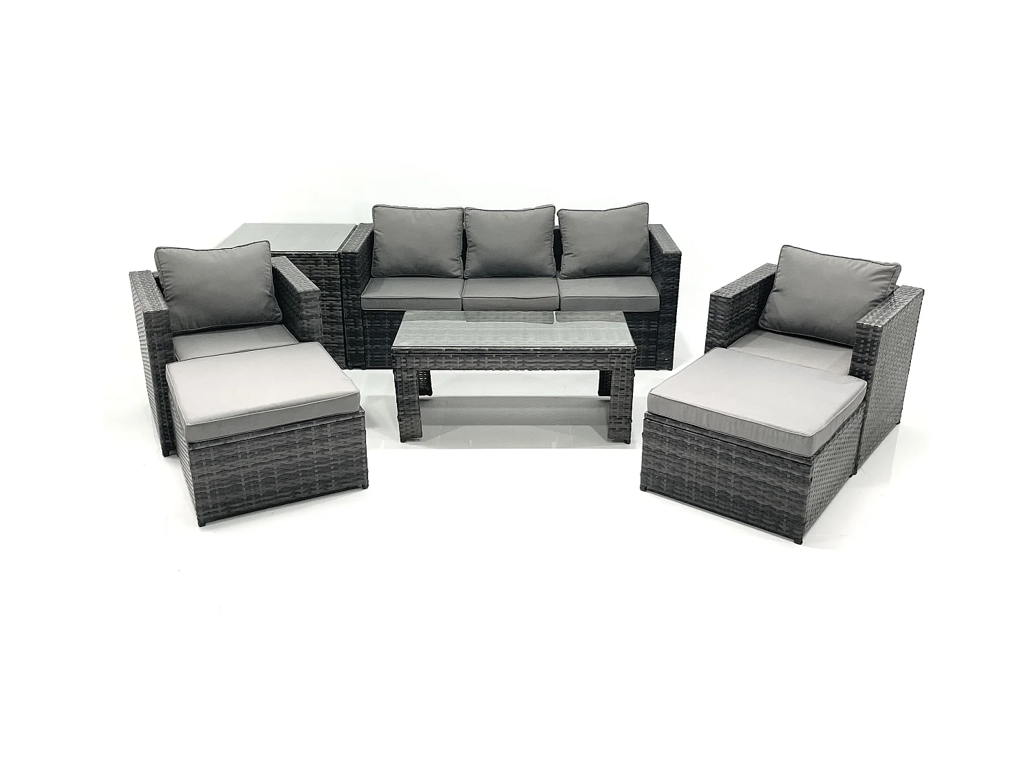 7 places Salon de jardin Ensemble de canapés en rotin avec Table basse 2 Fauteuil 2 Grand tabourets Table d'appoint Gris foncé mixte