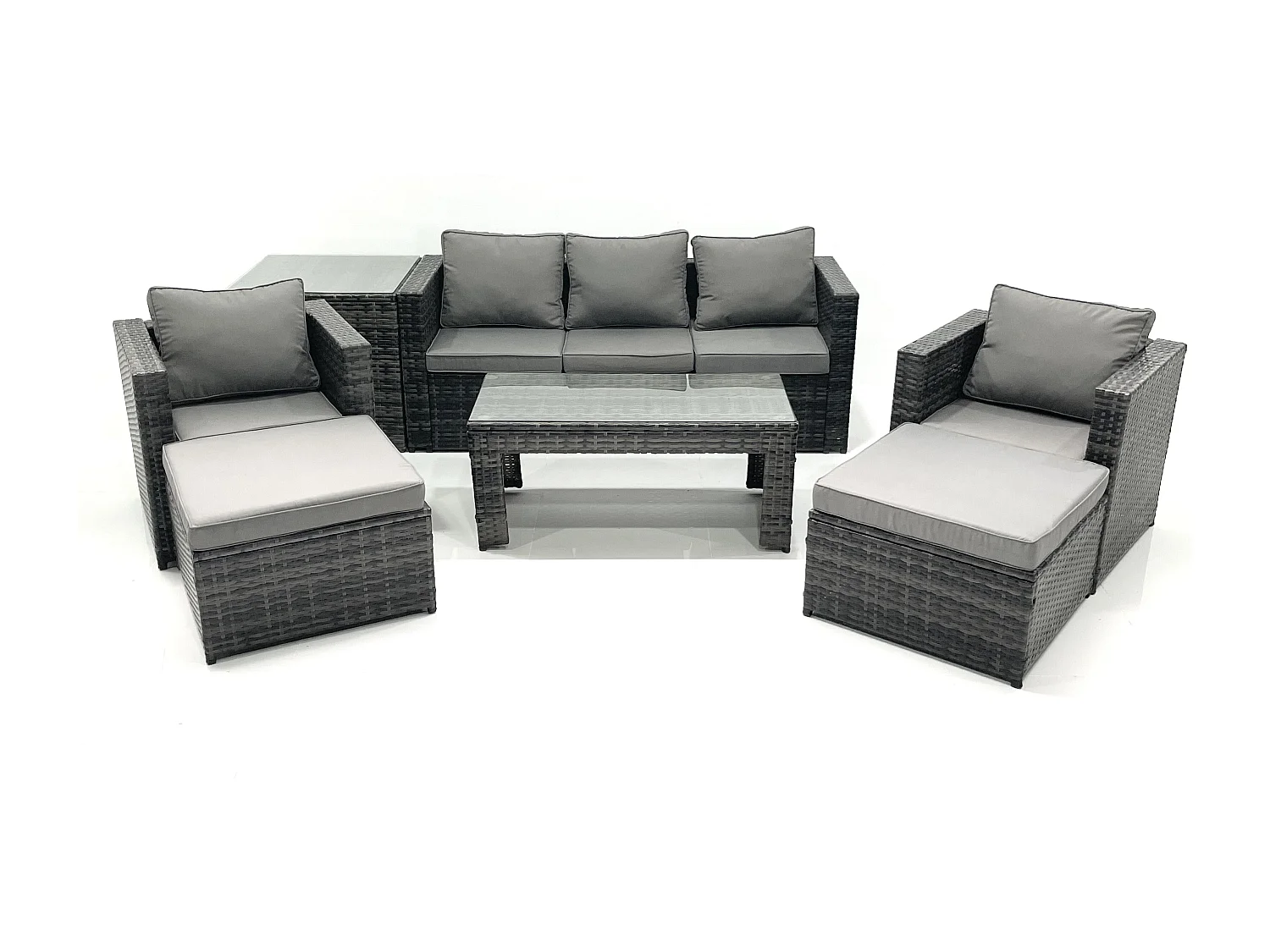 7 places Salon de jardin Ensemble de canapés en rotin avec Table basse 2 Fauteuil 2 Grand tabourets Table d'appoint Gris foncé mixte