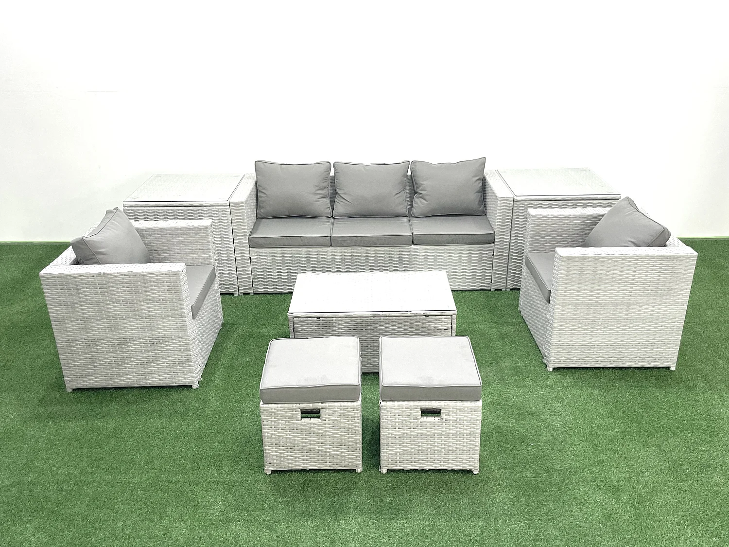 7 places Salon de jardin avec Canapé 3 places 2 Chaise Table basse rectangulaire 2 Petits tabourets 2 Tables d'appoint Gris clair mixte