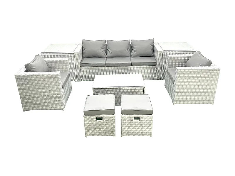 7 places Salon de jardin avec Canapé 3 places 2 Chaise Table basse rectangulaire 2 Petits tabourets 2 Tables d'appoint Gris clair mixte