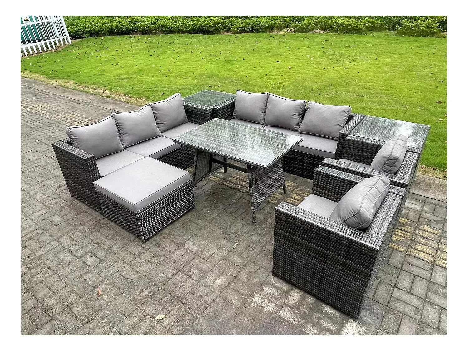 Ensembles de salons de jardin avec Table à manger 2 Tables d'appoint Grand tabouret Fauteuil 9 places Gris foncé mixte