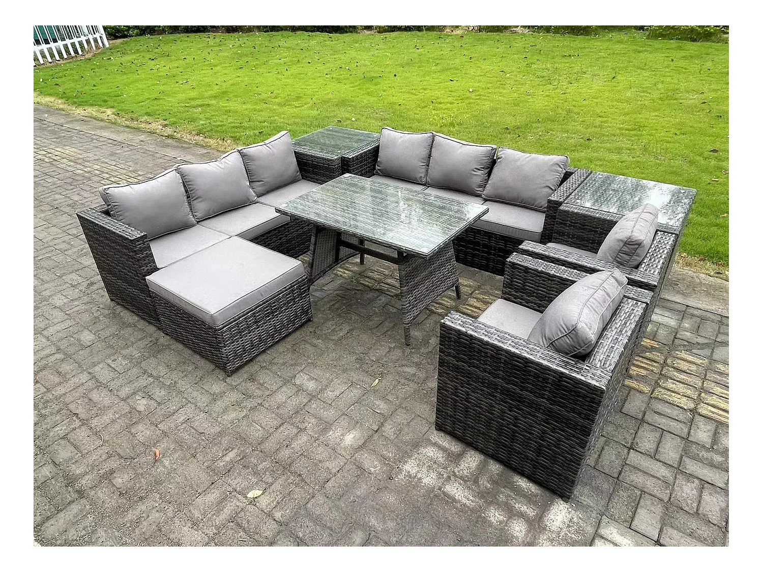 Ensembles de salons de jardin avec Table à manger 2 Tables d'appoint Grand tabouret Fauteuil 9 places Gris foncé mixte