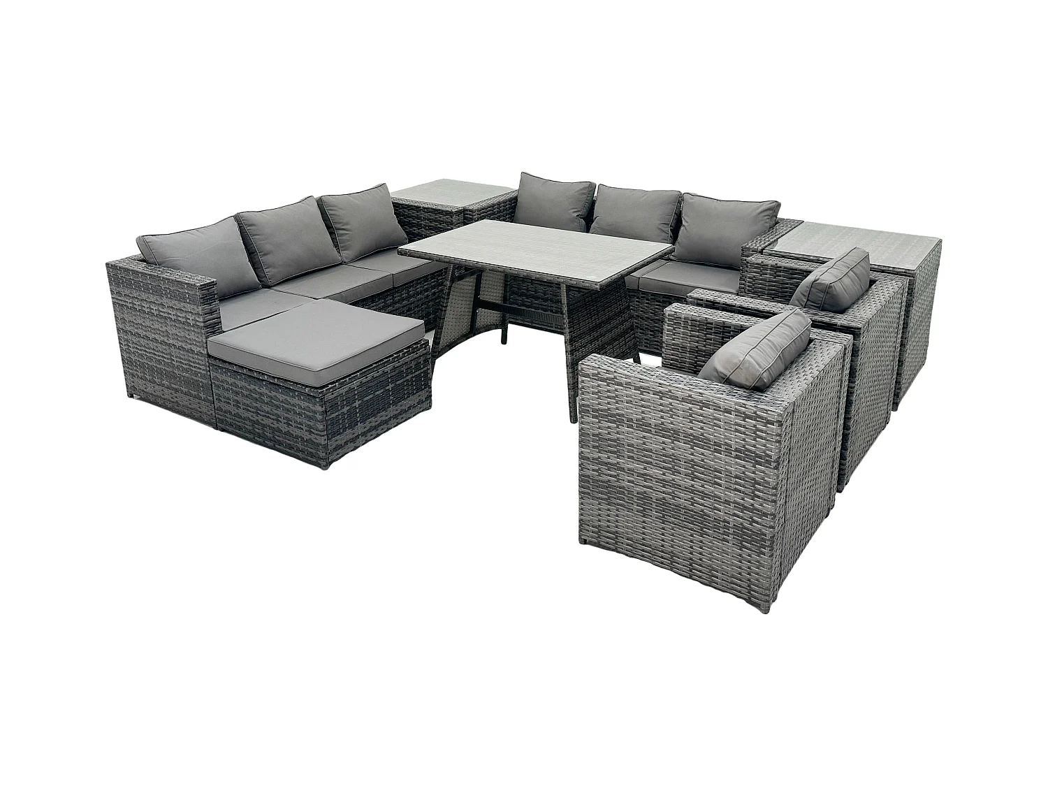 Polyrattan Gartenmöbel Set im Balkon Lounge Sofa Garten Esstisch Set mit 2 Beistelltischen 2 Großer Hockern Sesseln 9-Sitzer Dunkelgrau Gemischt