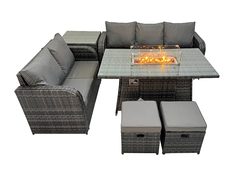 Polyrattan Gartenmöbelset Gasfeuerstelle Esstisch und Sofa set mit Beistelltisch 2 kleine Fußhockern