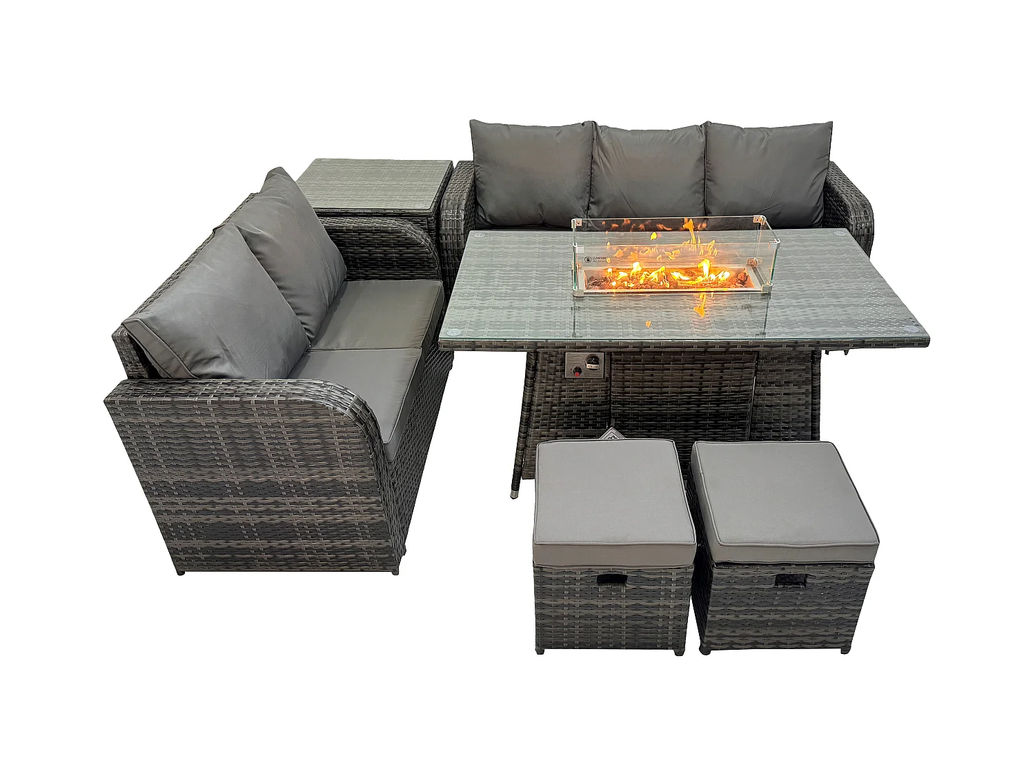 Polyrattan Gartenmöbelset Gasfeuerstelle Esstisch und Sofa set mit Beistelltisch 2 kleine Fußhockern