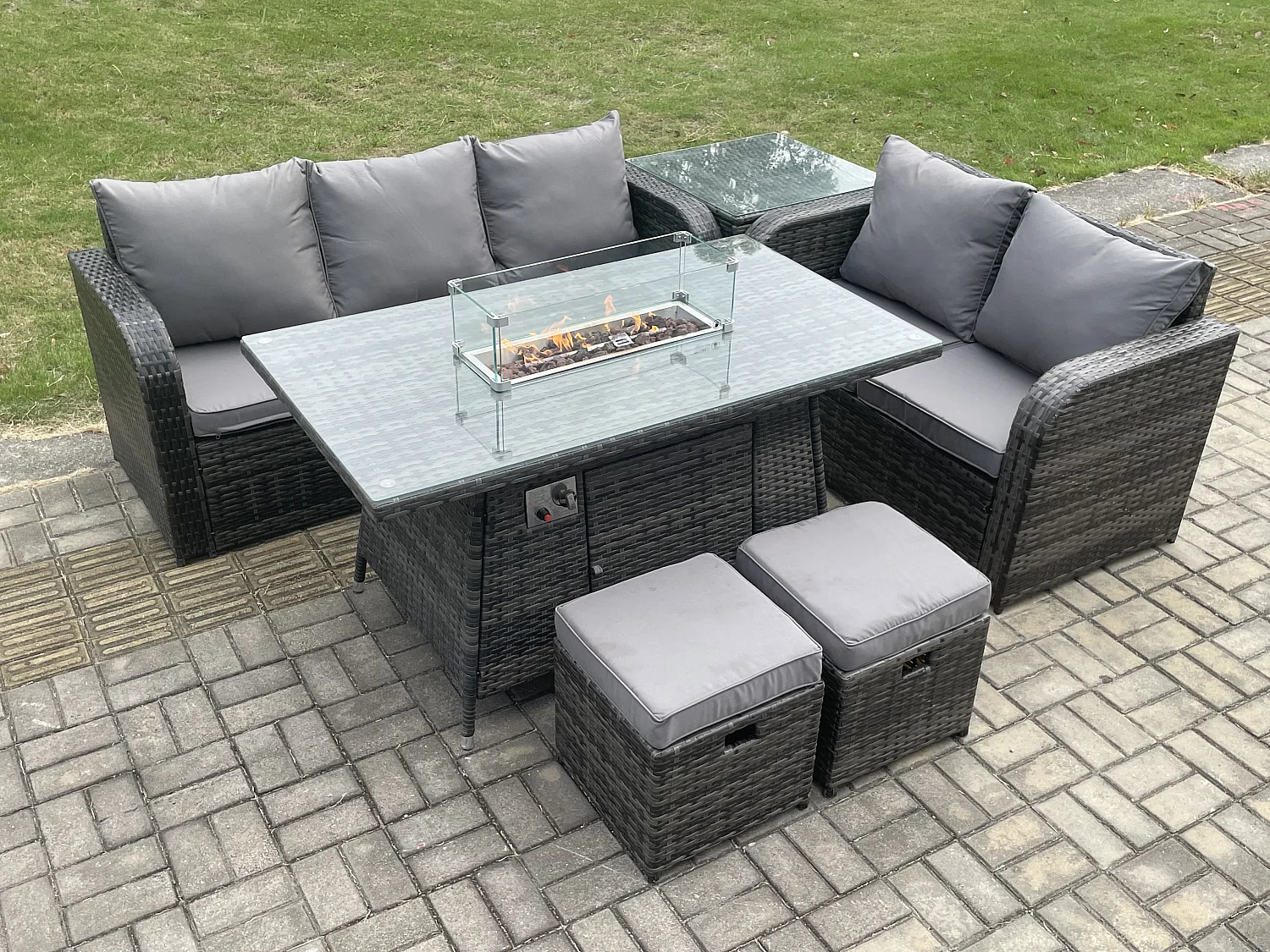 Salon de jardin exterieur Table de foyer à gaz et Canapé avec Table d'appoint 2 Petits tabourets