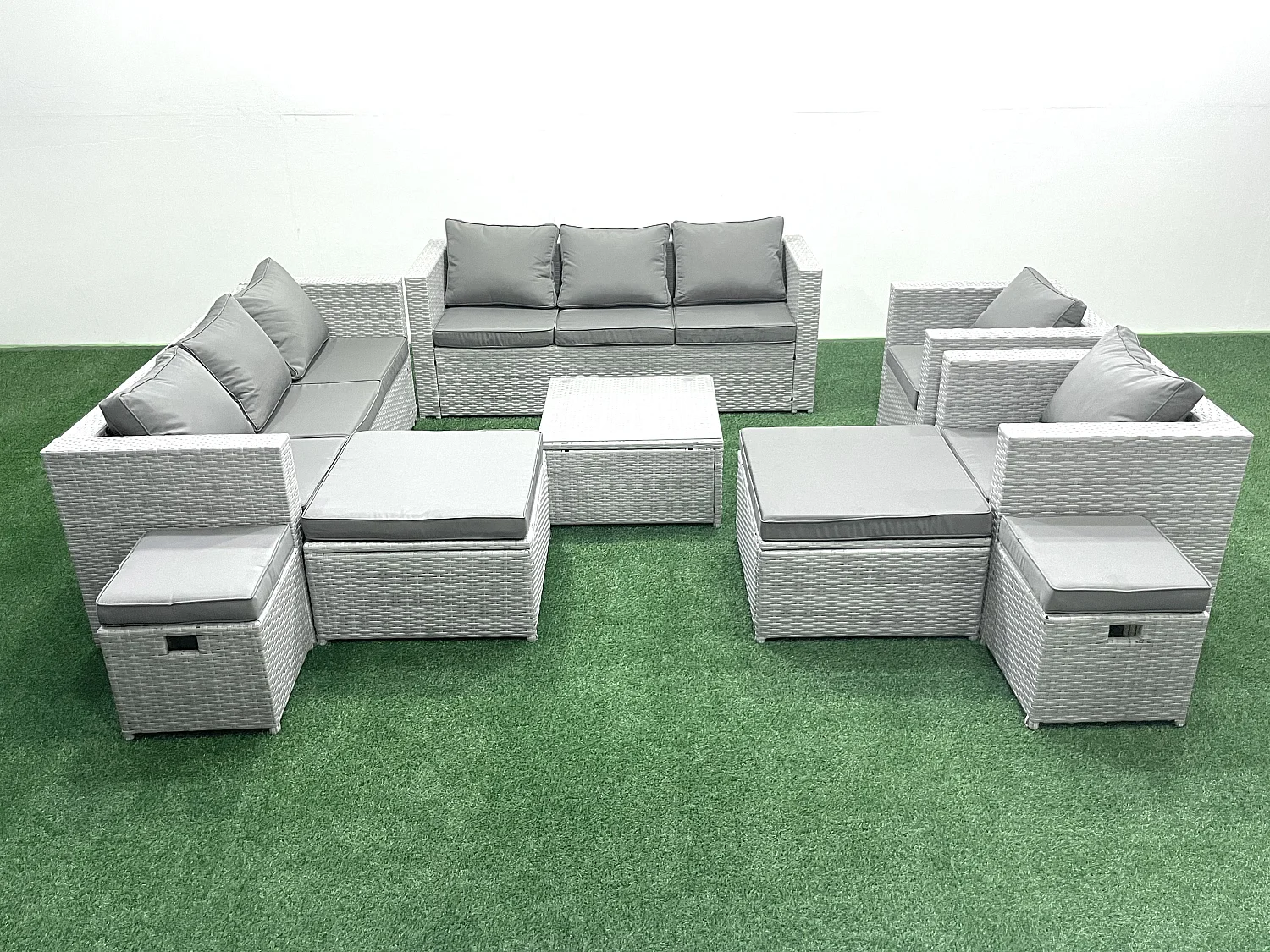 Gartenmöbel-Set 12-Sitzer Polyrattan Sofa Set mit 4 Hockern Hellgrau gemischt