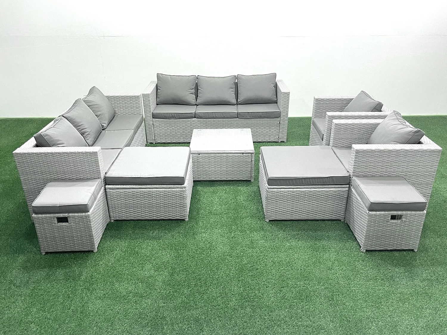 Gartenmöbel-Set 12-Sitzer Polyrattan Sofa Set mit 4 Hockern Hellgrau gemischt