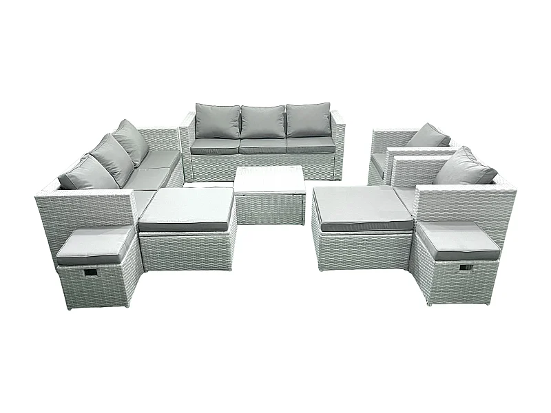 Gartenmöbel-Set 12-Sitzer Polyrattan Sofa Set mit 4 Hockern Hellgrau gemischt