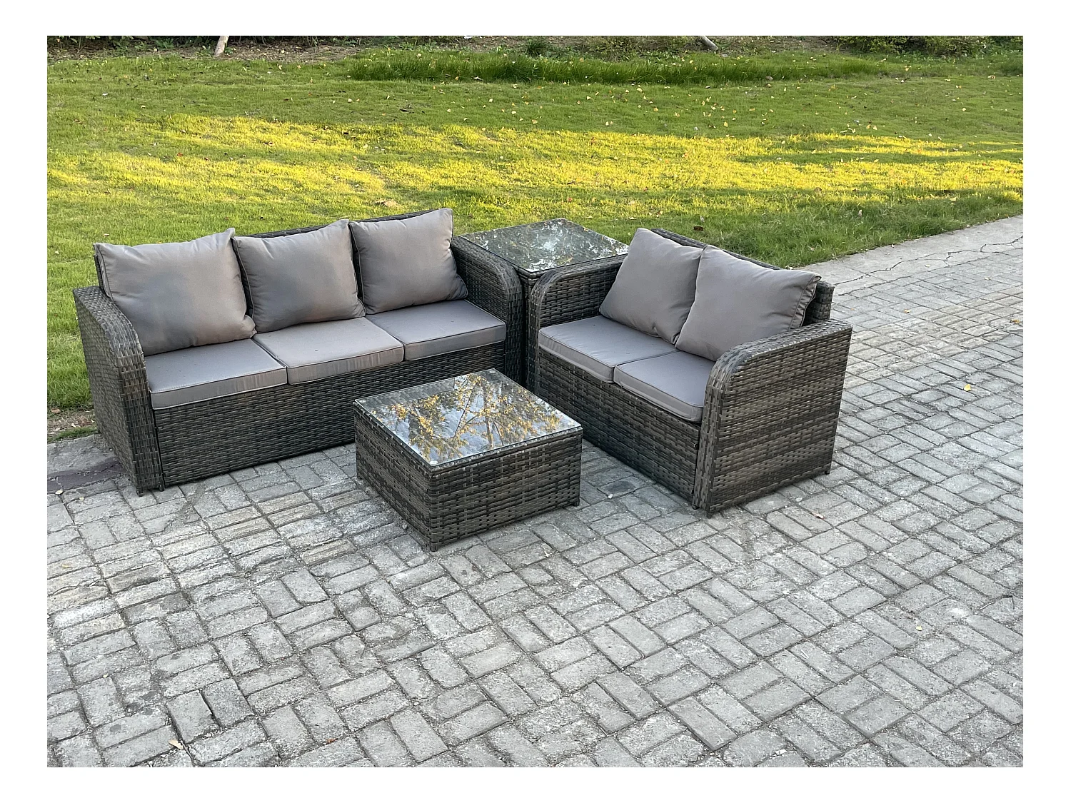Polyrattan Gartenmöbel Sets 5-Sitzer Garten Sofa im Freien Set Quadratischer Couchtisch Beistelltisch