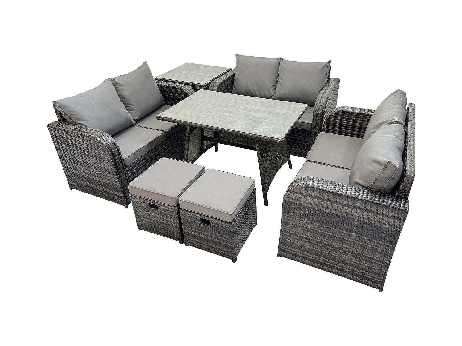 Polyrattan Gartenmöbel Set 8-Sitzer Gartensofa Set mit Rechteckiger Esstisch Beistelltisch 2 kleine Fußhockern Dunkelgrau Gemischt