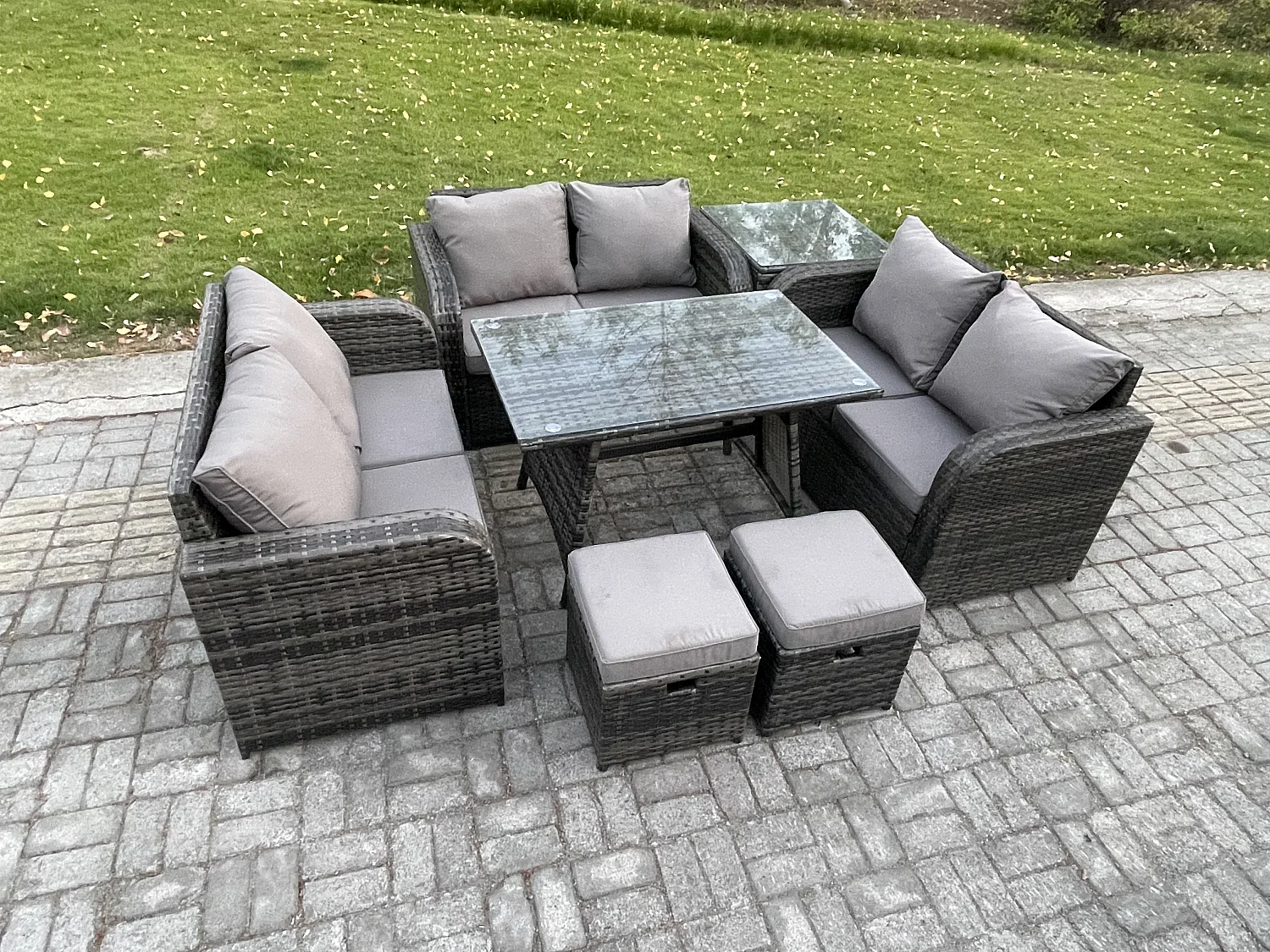 Polyrattan Gartenmöbel Set 8-Sitzer Gartensofa Set mit Rechteckiger Esstisch Beistelltisch 2 kleine Fußhockern Dunkelgrau Gemischt