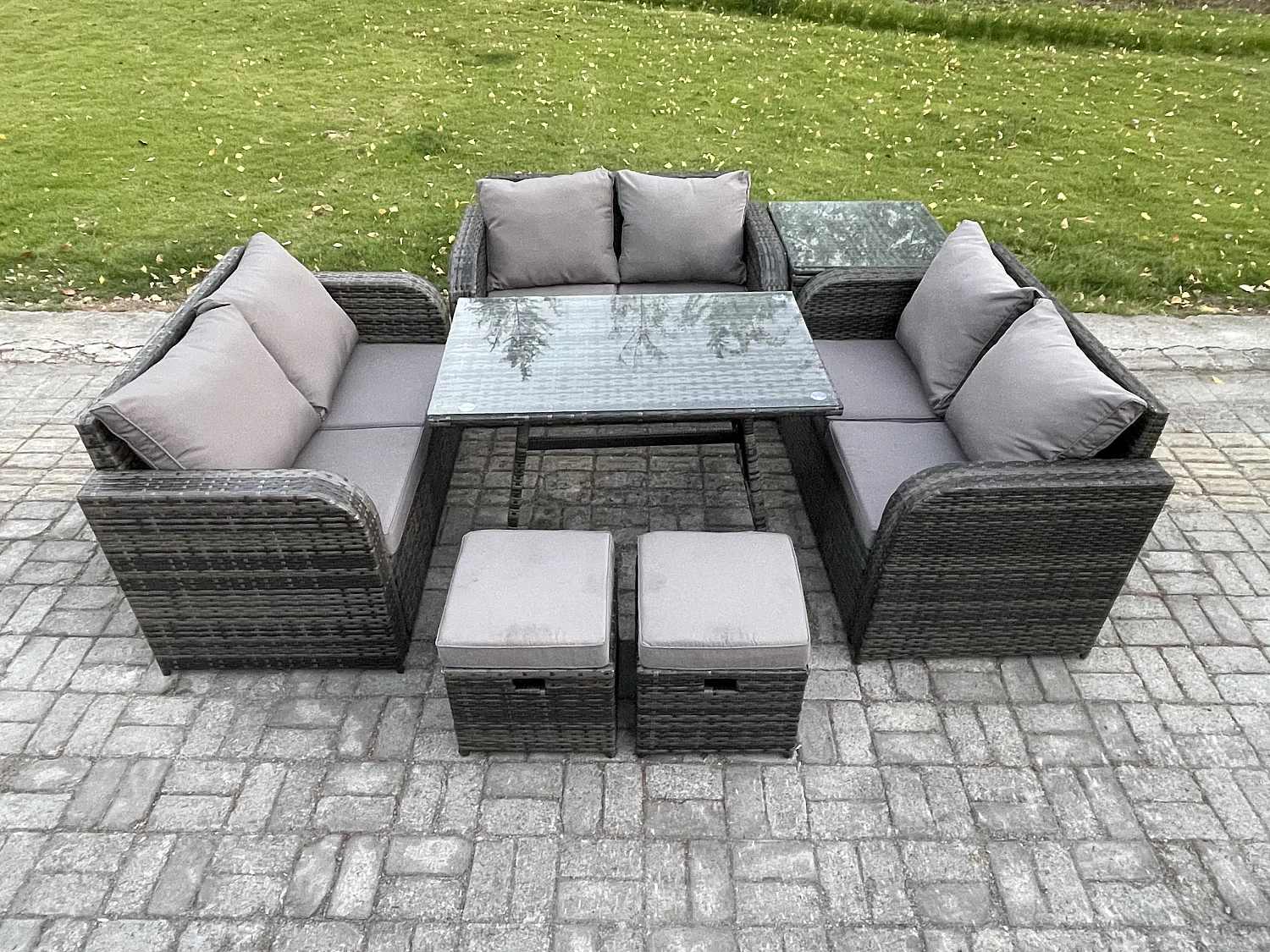 Polyrattan Gartenmöbel Set 8-Sitzer Gartensofa Set mit Rechteckiger Esstisch Beistelltisch 2 kleine Fußhockern Dunkelgrau Gemischt