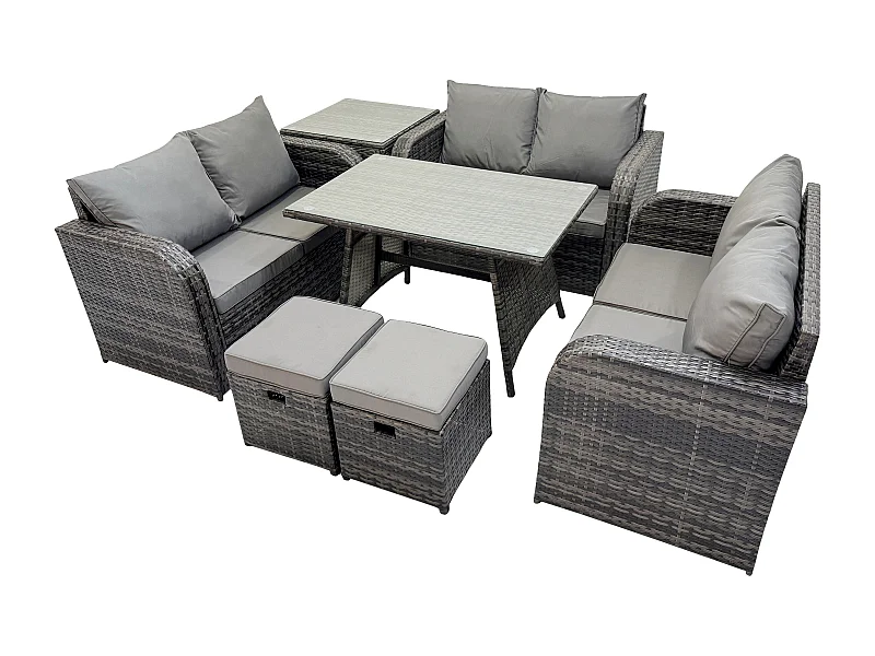 Salon de jardin 8 places avec Canapé d'amour Table à manger rectangulaire Table d'appoint 2 Petits tabourets Gris foncé mixte