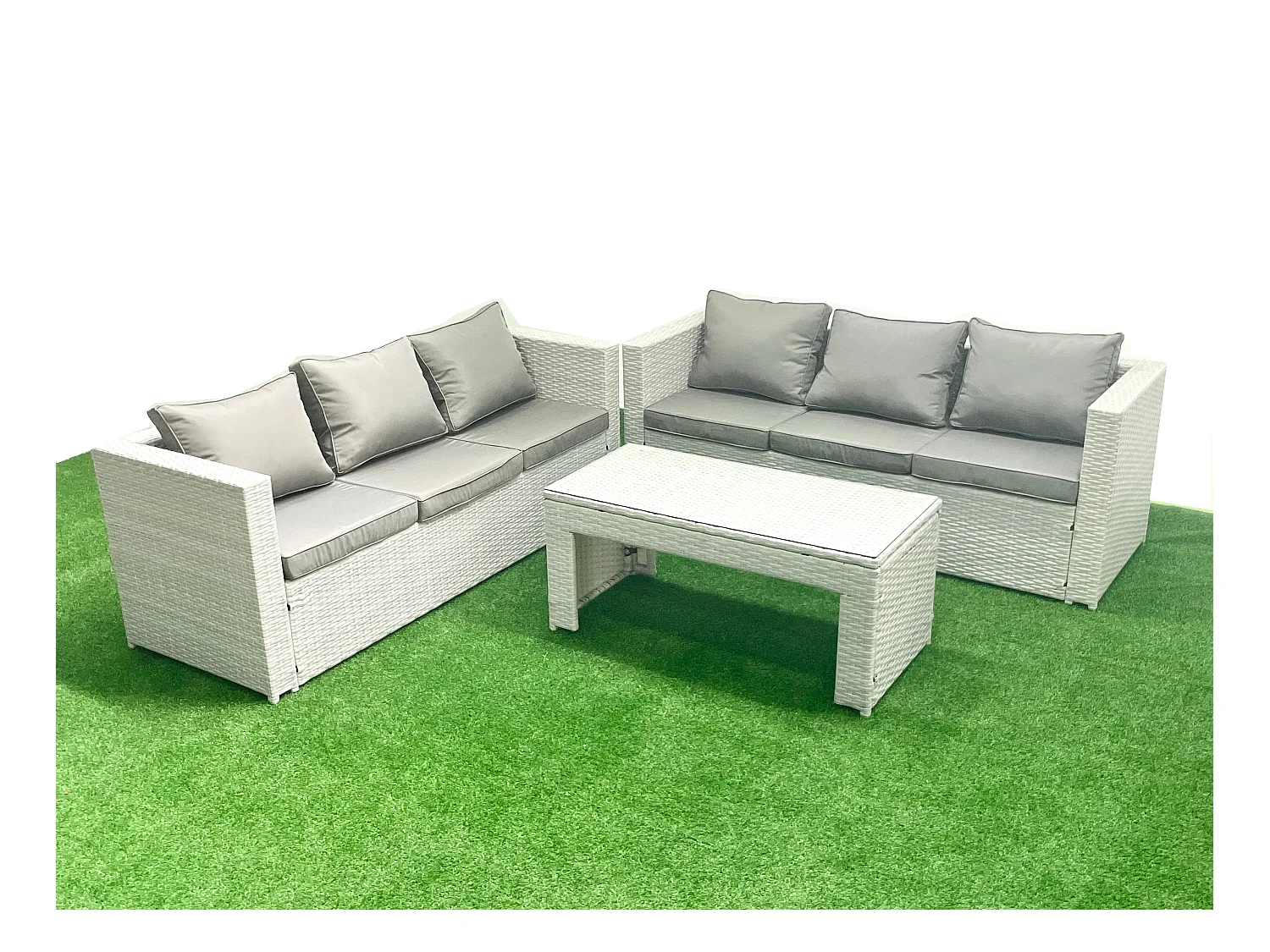 6-Sitzer Gartenmöbel-Set im Freien Polyrattan Garten Sofa Rechteckiger Couchtisch Set Hellgrau gemischt