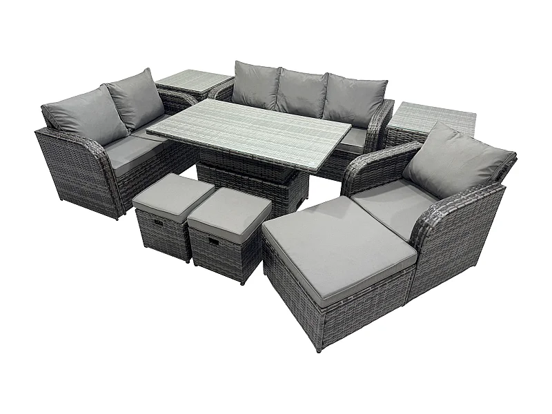 Ensemble Repas de Jardin Exterieur Table à manger réglable en hauteur Chaise inclinable Canapé avec 2 Tables d'appoint 3 Tabourets Gris foncé mixte