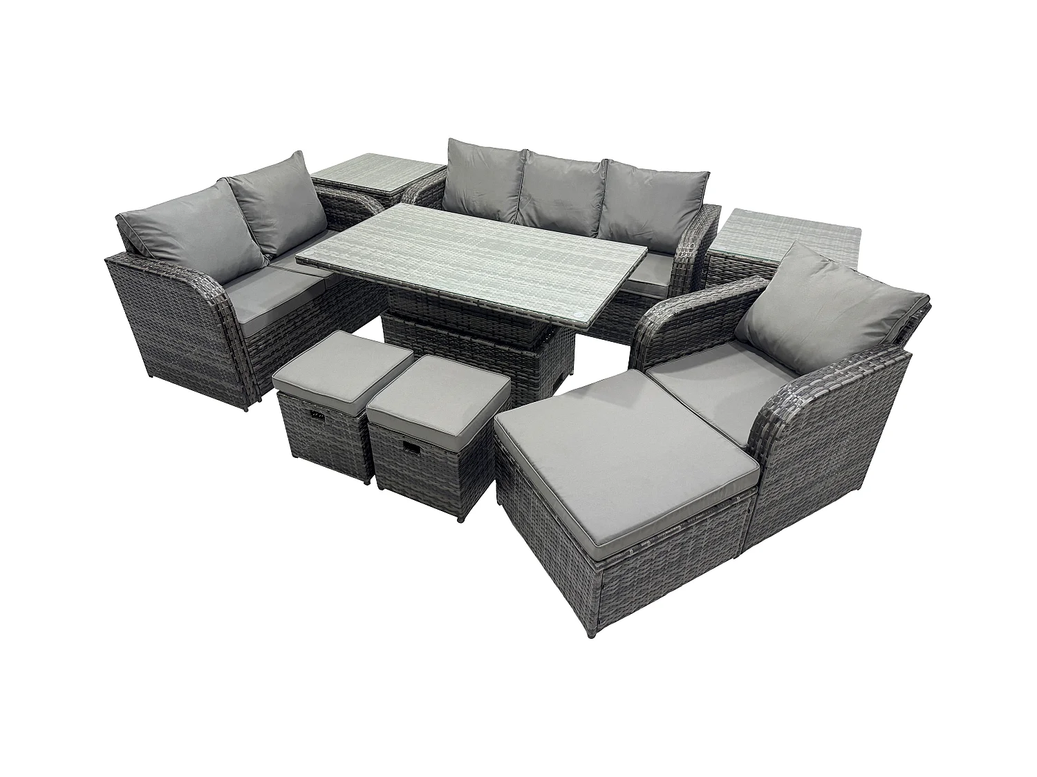 Ensemble Repas de Jardin Exterieur Table à manger réglable en hauteur Chaise inclinable Canapé avec 2 Tables d'appoint 3 Tabourets Gris foncé mixte