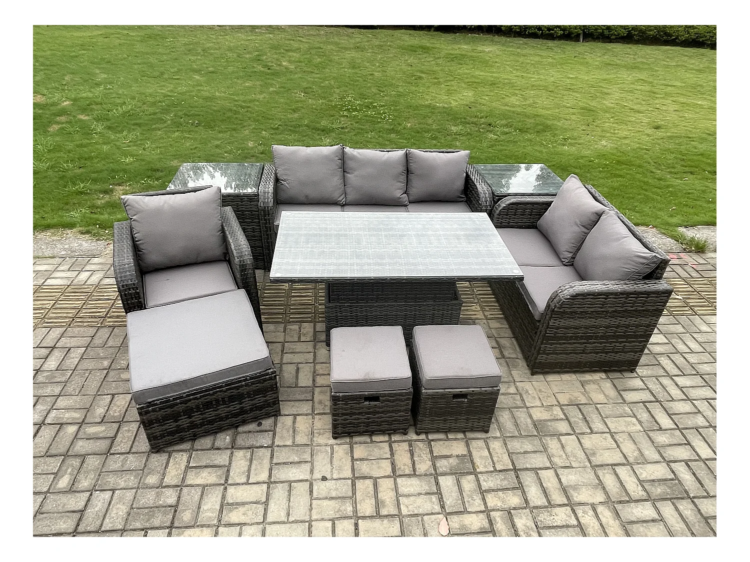 Ensemble Repas de Jardin Exterieur Table à manger réglable en hauteur Chaise inclinable Canapé avec 2 Tables d'appoint 3 Tabourets Gris foncé mixte