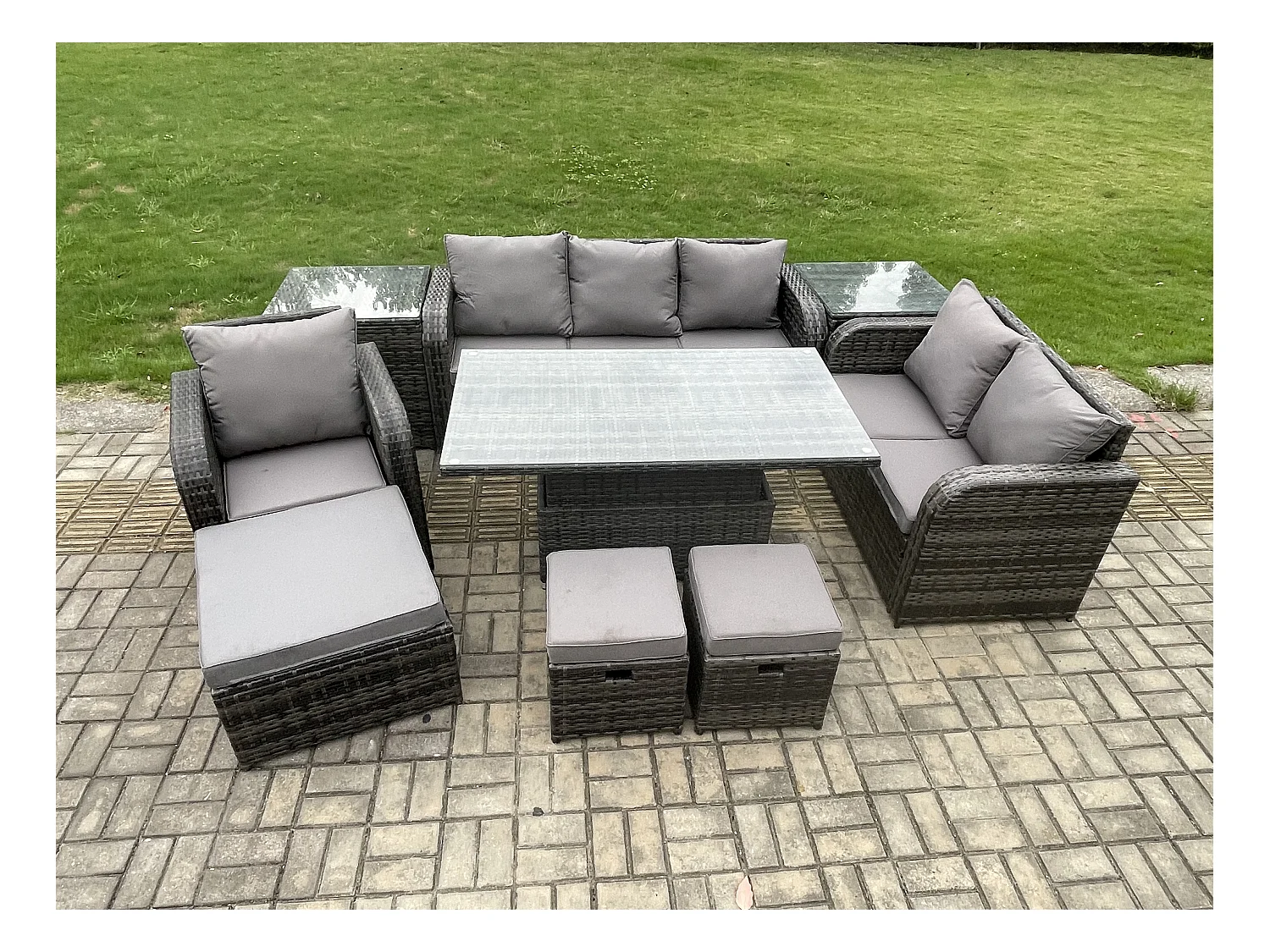 Ensemble Repas de Jardin Exterieur Table à manger réglable en hauteur Chaise inclinable Canapé avec 2 Tables d'appoint 3 Tabourets Gris foncé mixte