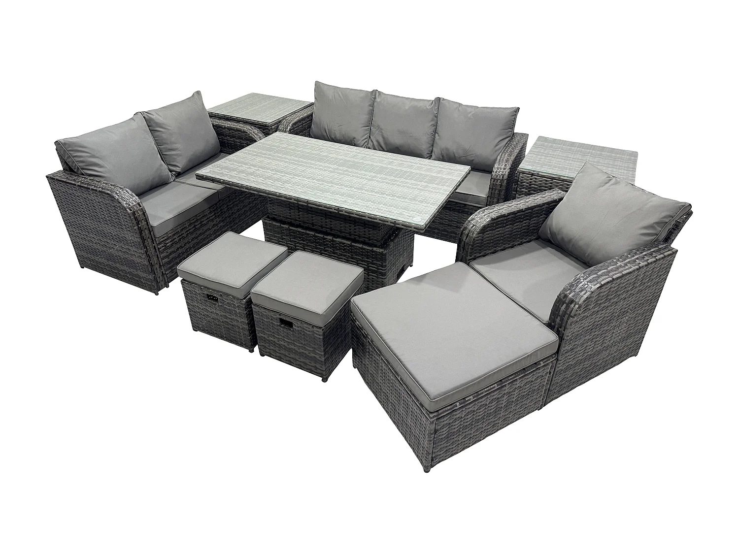 Gartenmöbel Lounge Sofa Set Patio höhenverstellbarer Tisch Liegestühle Sofa mit 2 Beistelltischen 3 Hockern Dunkelgrau Gemischt
