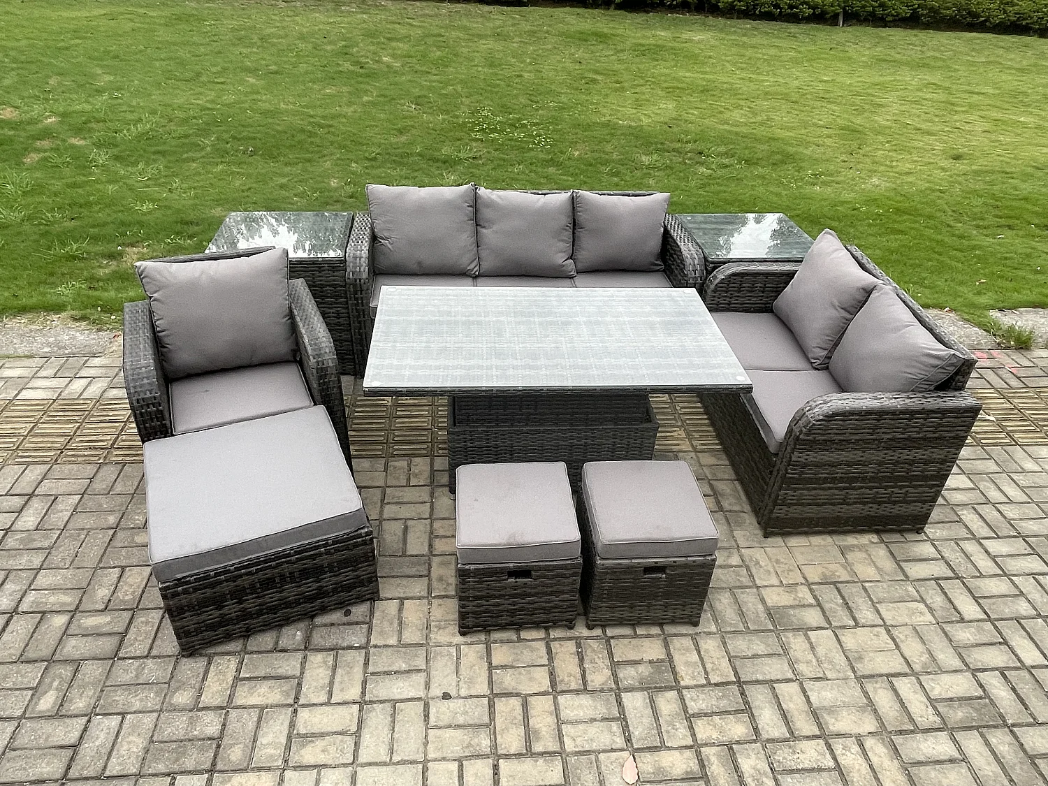 Gartenmöbel Lounge Sofa Set Patio höhenverstellbarer Tisch Liegestühle Sofa mit 2 Beistelltischen 3 Hockern Dunkelgrau Gemischt