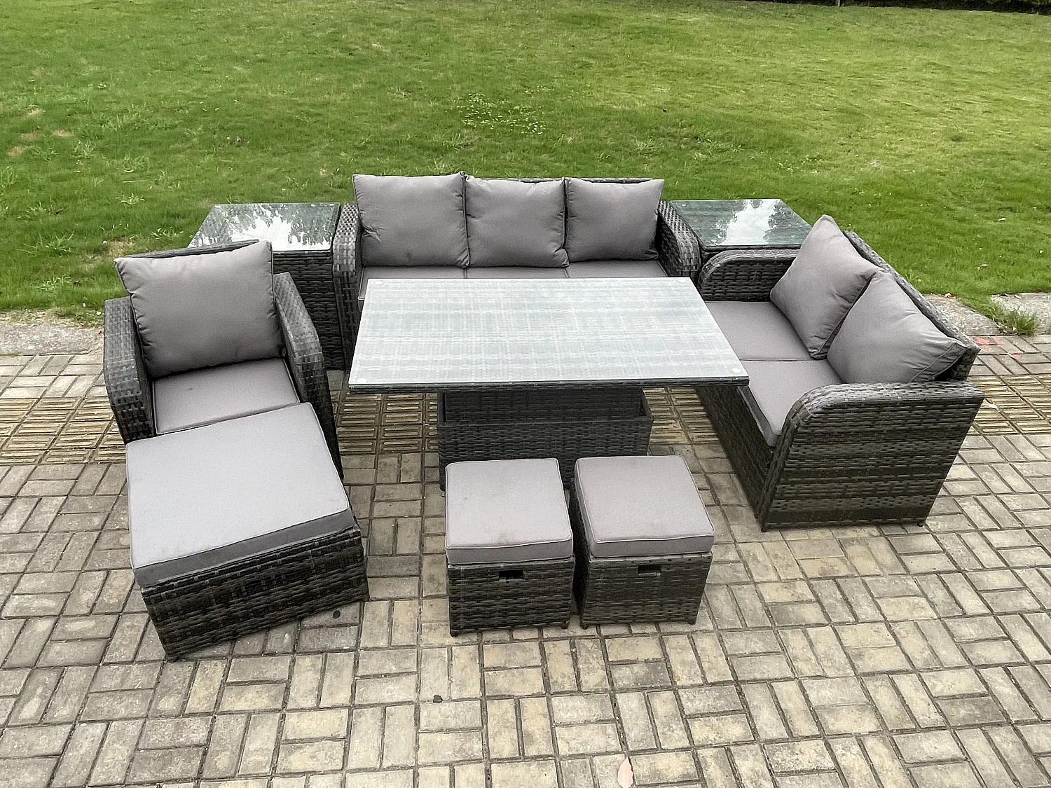 Gartenmöbel Lounge Sofa Set Patio höhenverstellbarer Tisch Liegestühle Sofa mit 2 Beistelltischen 3 Hockern Dunkelgrau Gemischt