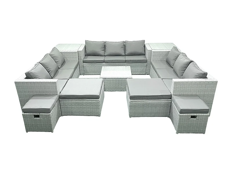 Gartenmöbel-Set 14-Sitzer Polyrattan Sofa Set mit 2 Beistelltischen 4 Hockern Hellgrau gemischt