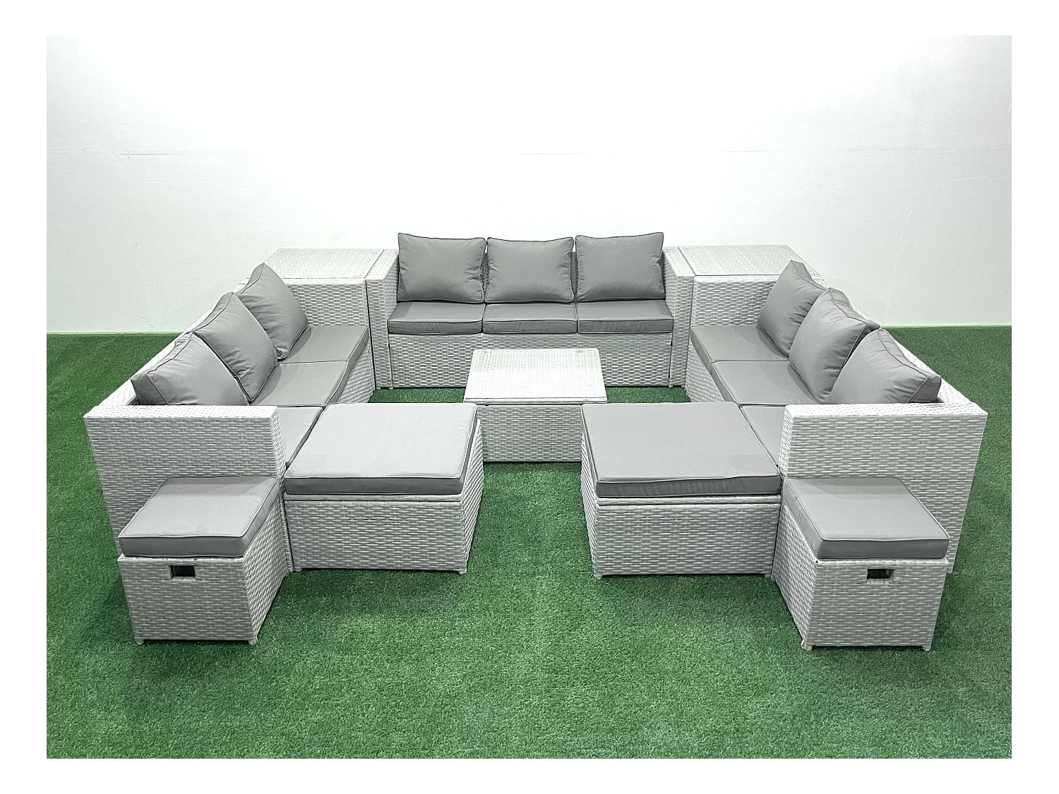 Gartenmöbel-Set 14-Sitzer Polyrattan Sofa Set mit 2 Beistelltischen 4 Hockern Hellgrau gemischt
