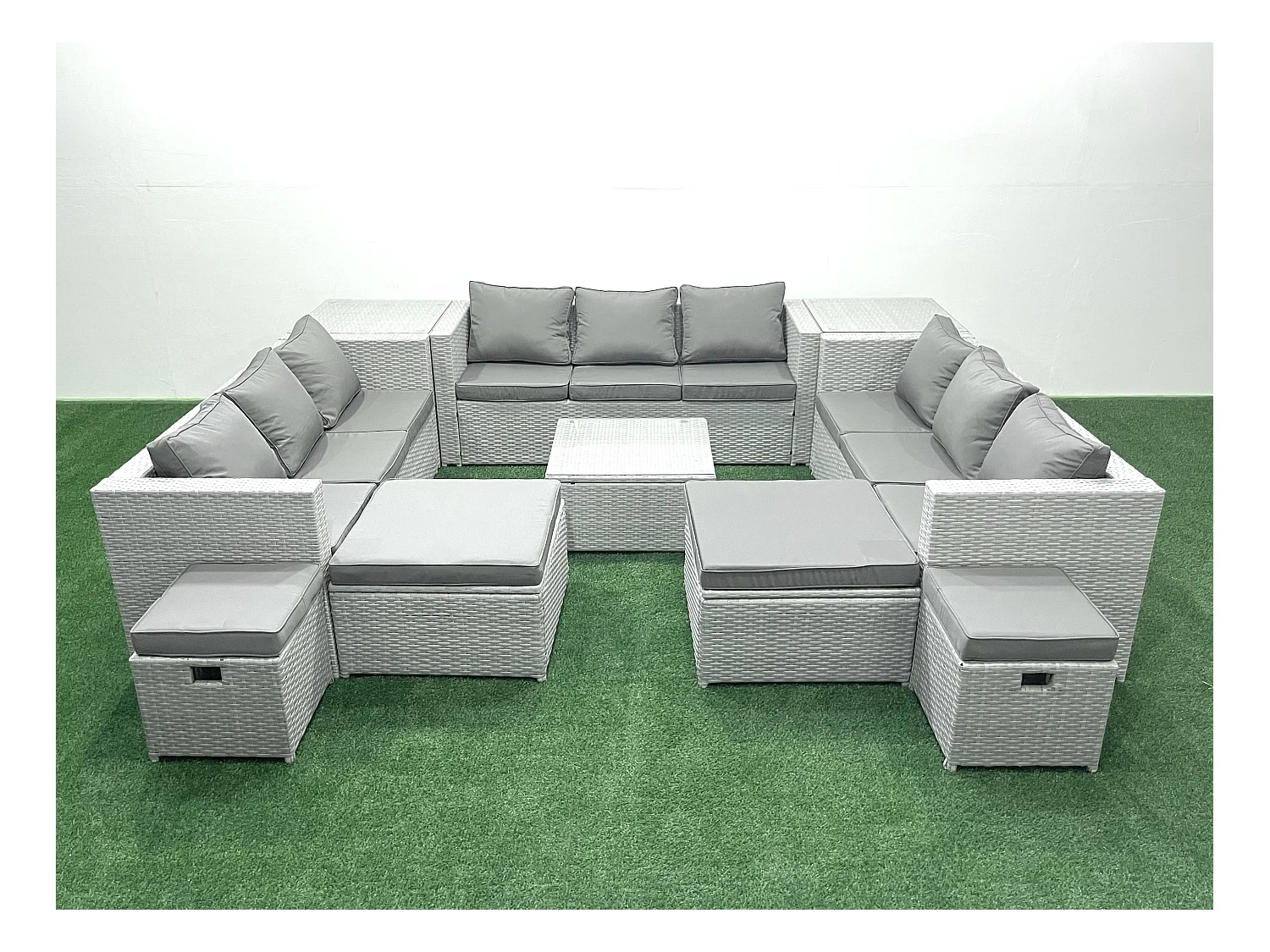 Gartenmöbel-Set 14-Sitzer Polyrattan Sofa Set mit 2 Beistelltischen 4 Hockern Hellgrau gemischt