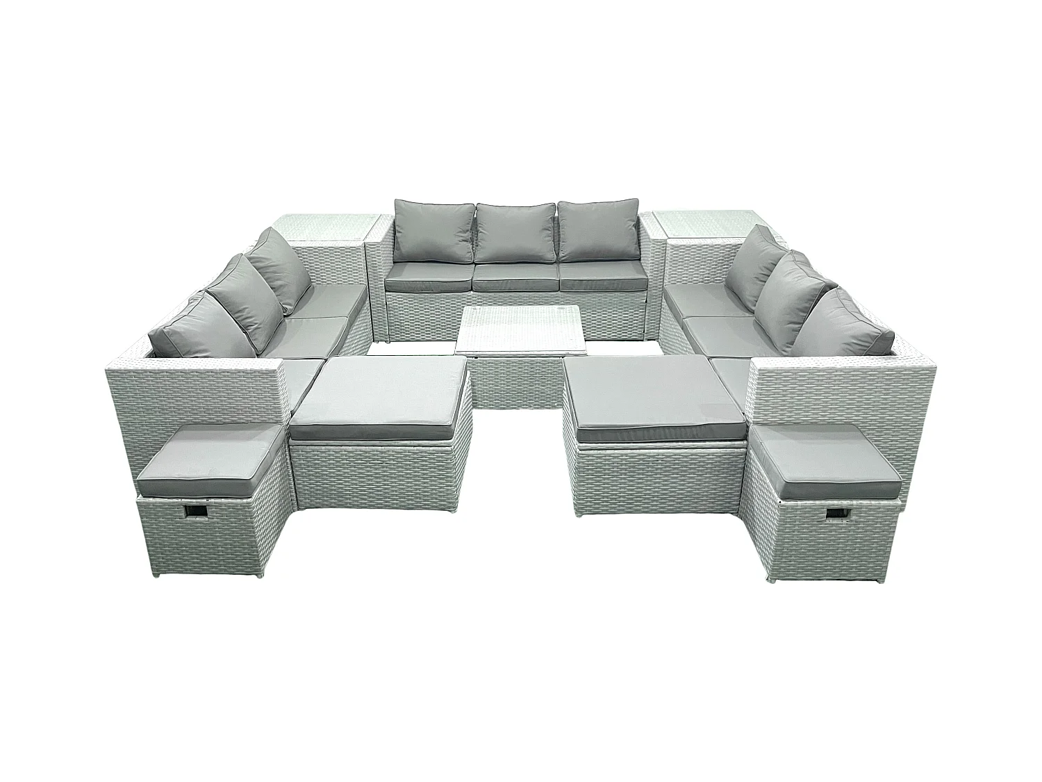 Salon de Jardin Exterieur en Résine 14 places avec Canapé 2 Tables d'appoint 4 Tabourets Gris clair mixte