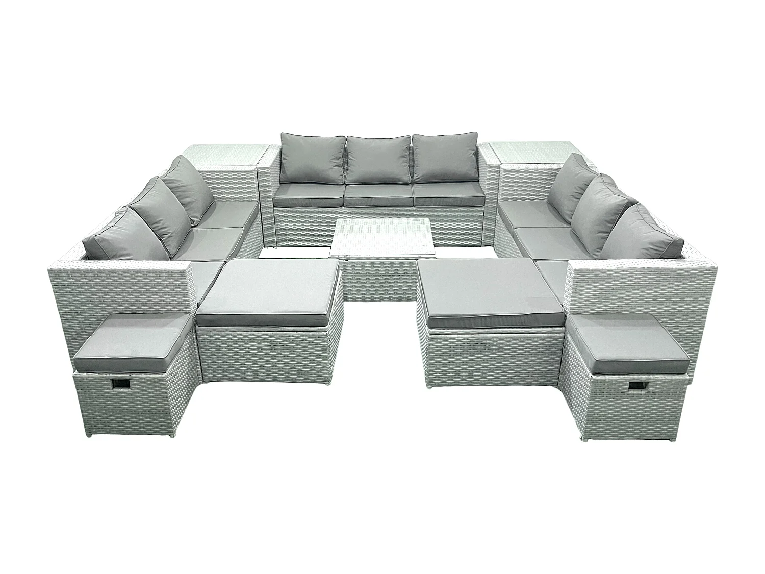 Gartenmöbel-Set 14-Sitzer Polyrattan Sofa Set mit 2 Beistelltischen 4 Hockern Hellgrau gemischt
