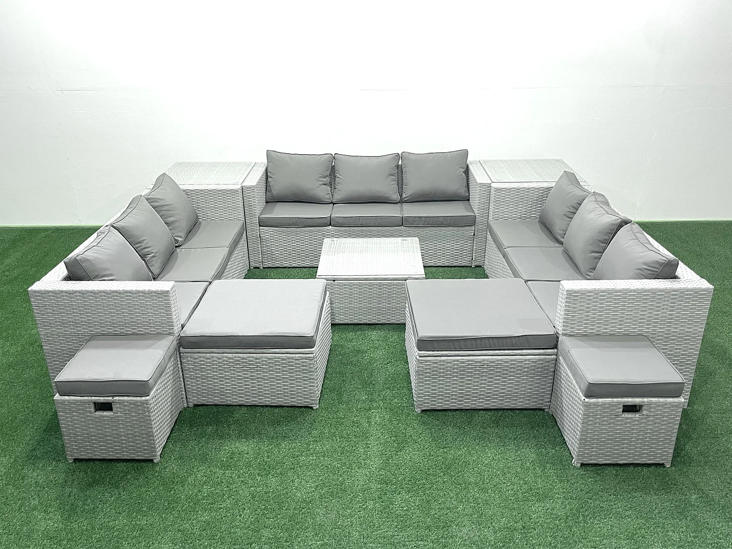 Gartenmöbel-Set 14-Sitzer Polyrattan Sofa Set mit 2 Beistelltischen 4 Hockern Hellgrau gemischt