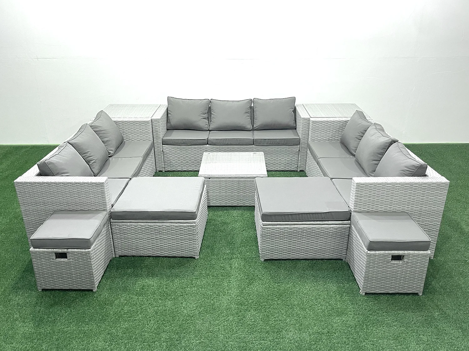 Gartenmöbel-Set 14-Sitzer Polyrattan Sofa Set mit 2 Beistelltischen 4 Hockern Hellgrau gemischt
