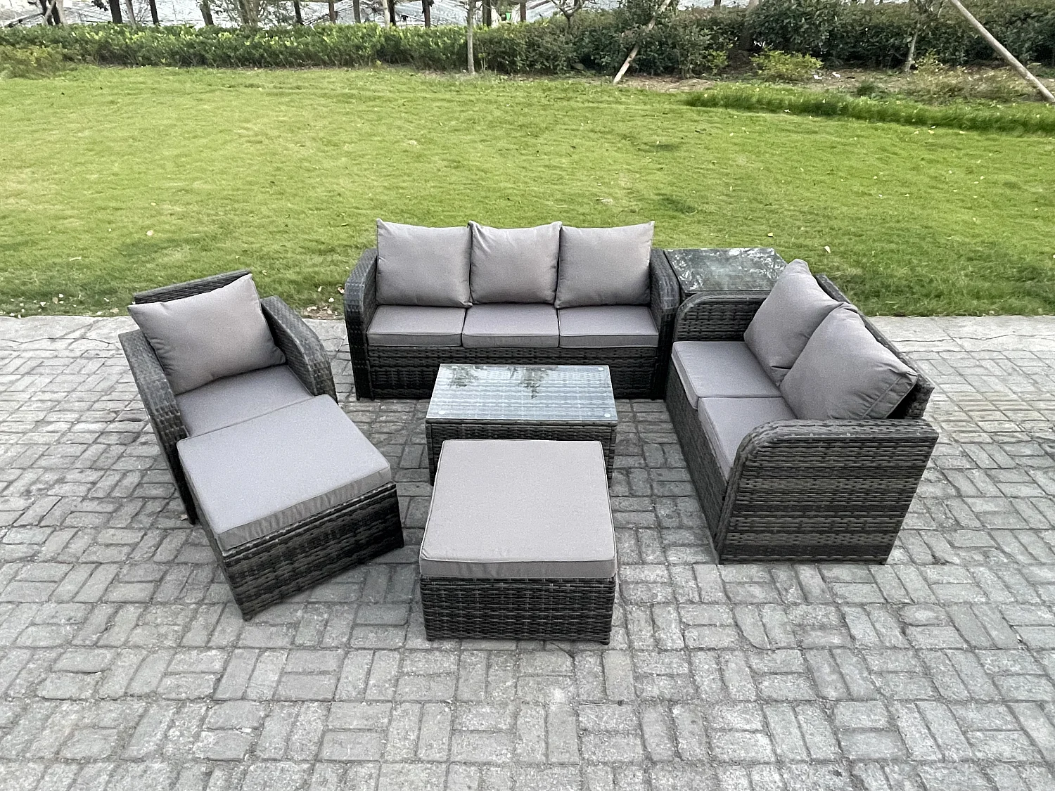 Gartenmöbel-Sets 7 Stücke Polyrattan Möbel Sofa Set mit Rechteckiger Couchtisch Loveseat Sofa 2 hohen Hockern Beistelltisch