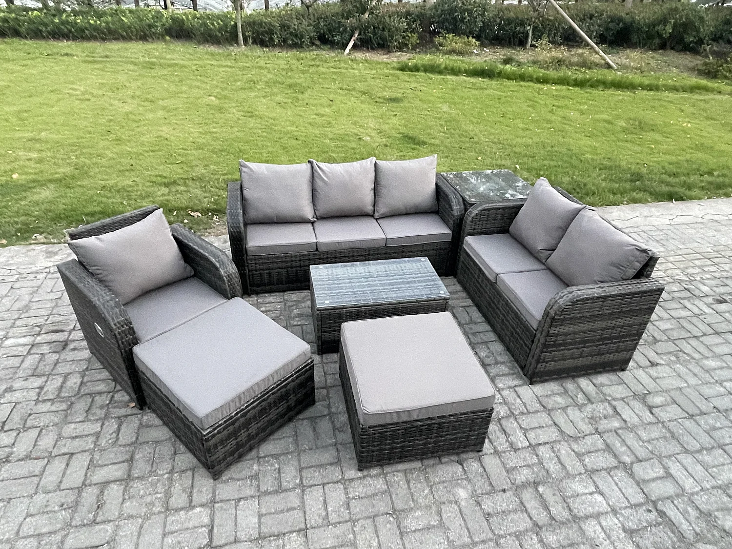 Gartenmöbel-Sets 7 Stücke Polyrattan Möbel Sofa Set mit Rechteckiger Couchtisch Loveseat Sofa 2 hohen Hockern Beistelltisch