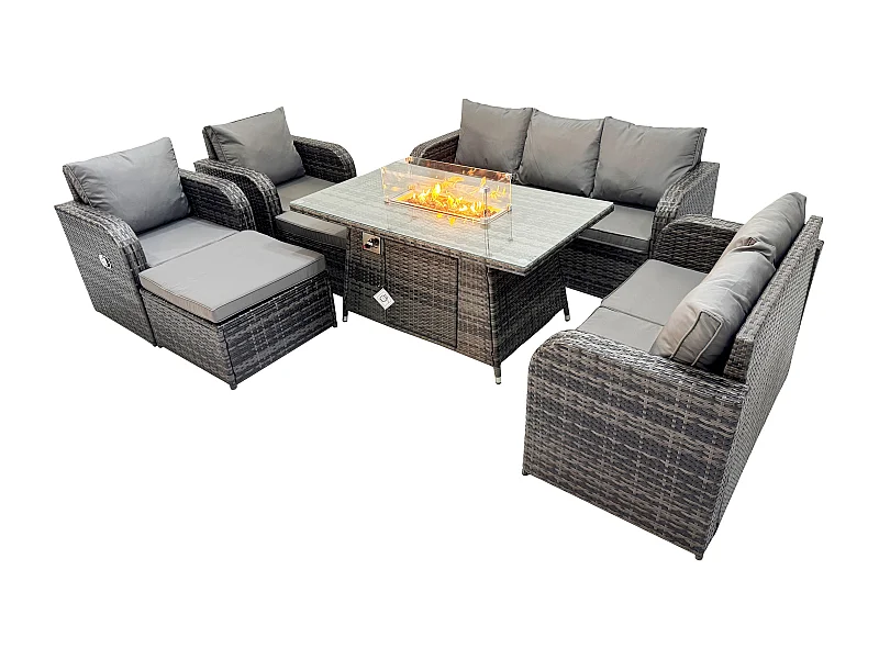Polyrattan Gartenmöbel Set Garten Sofa im Freien Gasfeuerstelle Esstisch Set mit 2 hohen Hockern