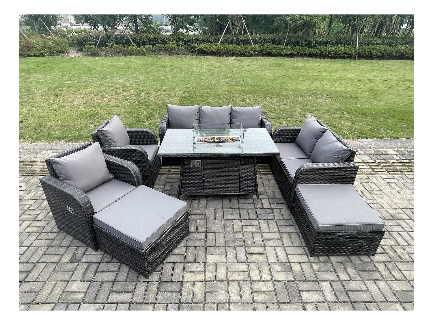 Polyrattan Gartenmöbel Set Garten Sofa im Freien Gasfeuerstelle Esstisch Set mit 2 hohen Hockern