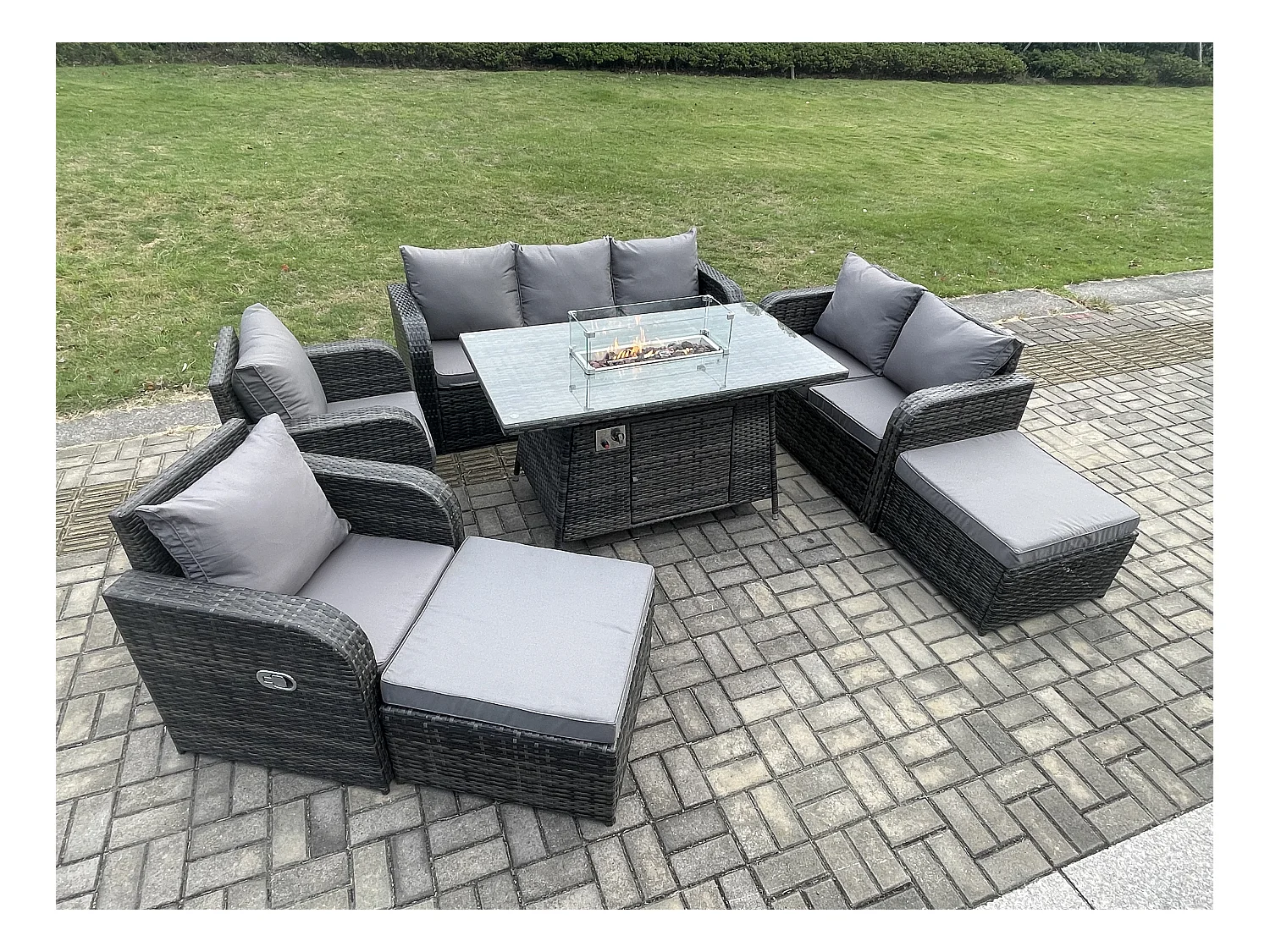Polyrattan Gartenmöbel Set Garten Sofa im Freien Gasfeuerstelle Esstisch Set mit 2 hohen Hockern