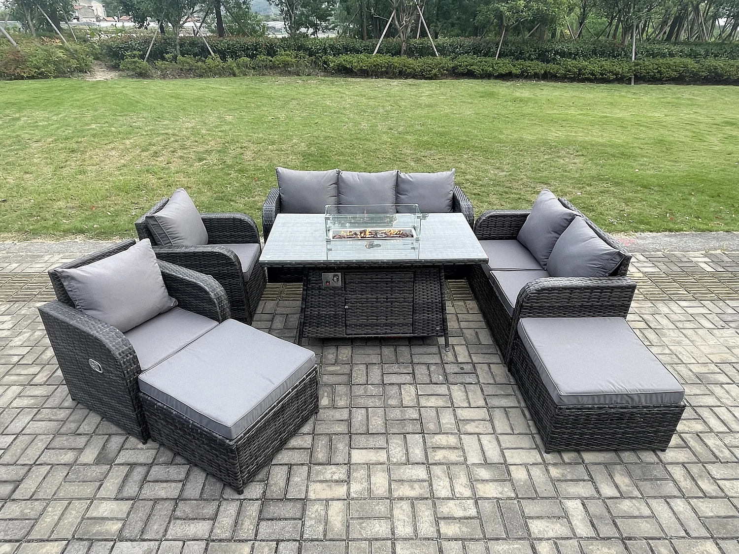 Polyrattan Gartenmöbel Set Garten Sofa im Freien Gasfeuerstelle Esstisch Set mit 2 hohen Hockern