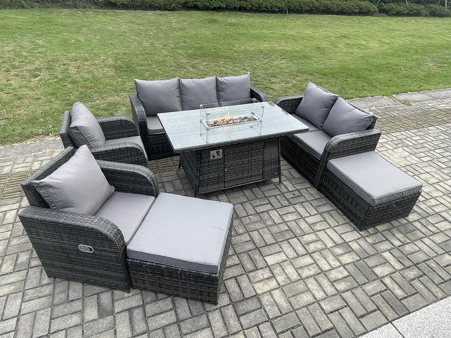 Polyrattan Gartenmöbel Set Garten Sofa im Freien Gasfeuerstelle Esstisch Set mit 2 hohen Hockern