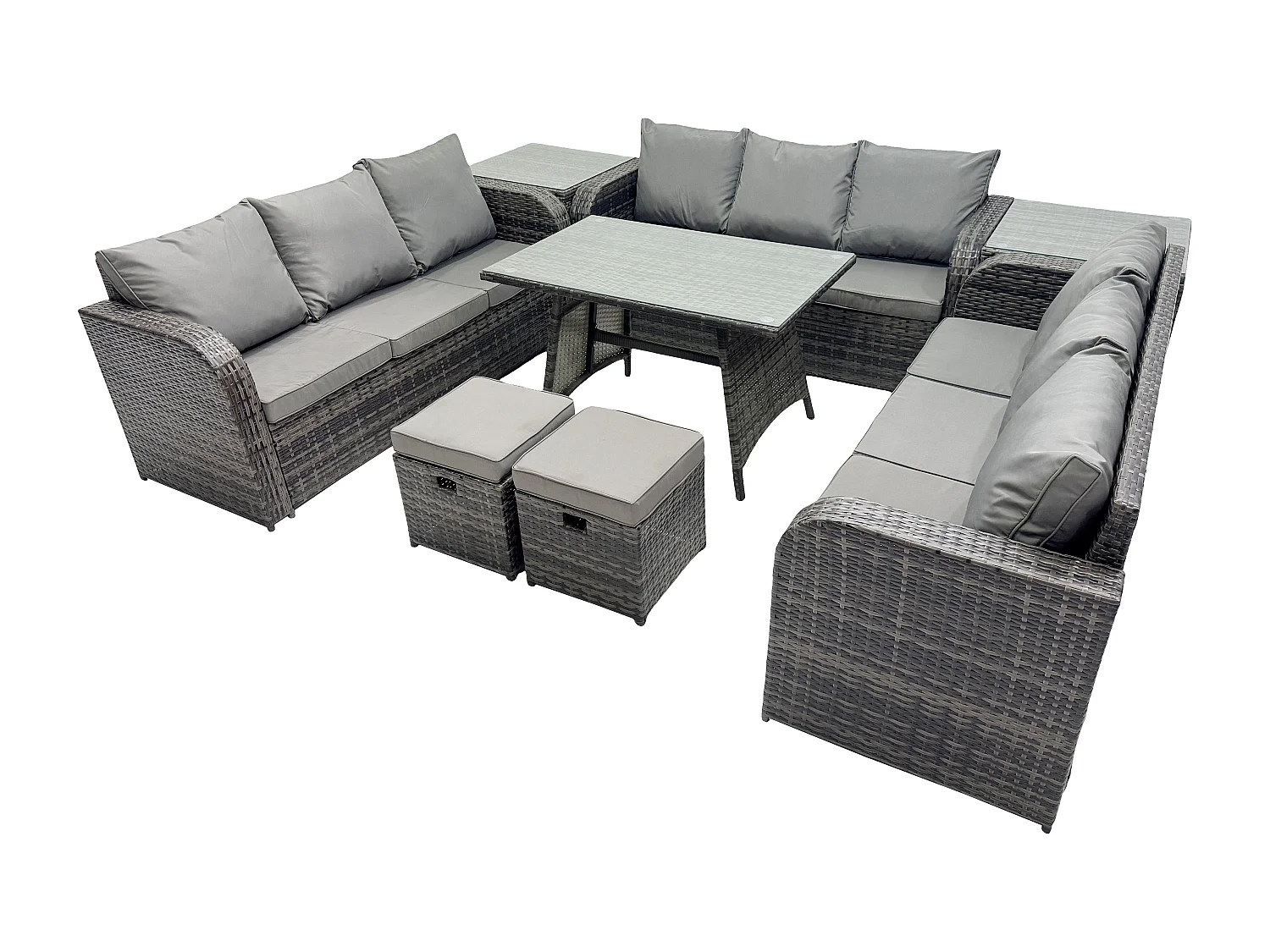 Polyrattan Gartenmöbel Set 11-Sitzer Polyrattan Garten Sofa im Freien Set mit 2 Beistelltischen Rechteckiger Esstisch 2 kleine Fußhockern Dunkelgrau Gemischt